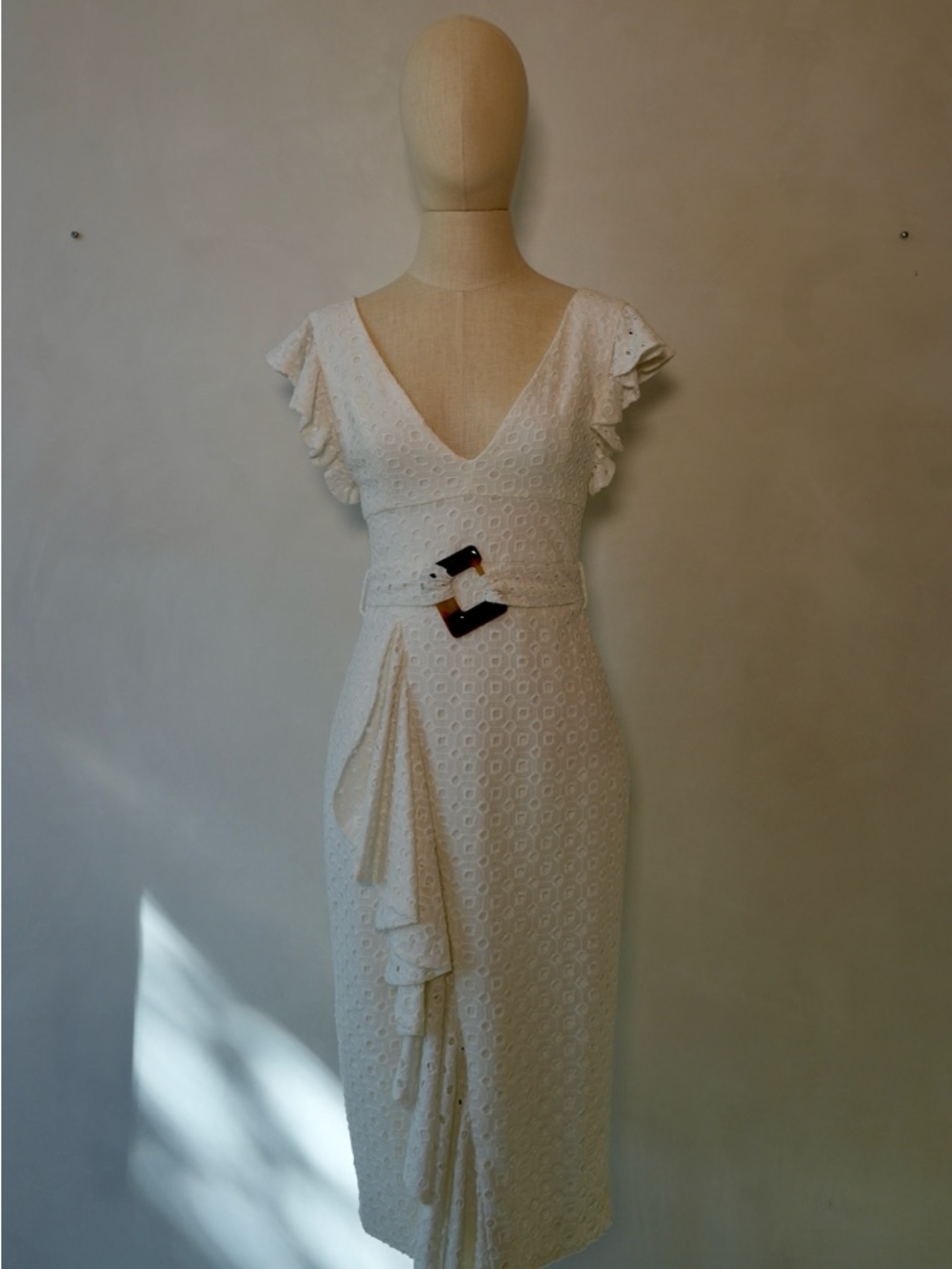 PatBo White Eyelet V-Neck Midi Dress with Ruffle Details